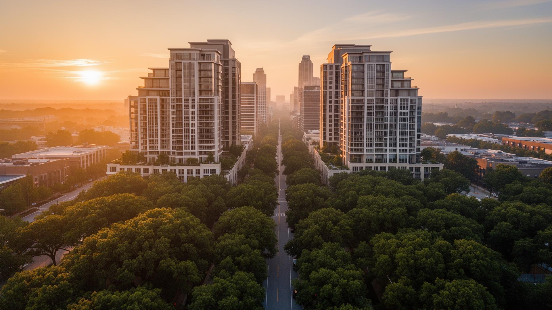 SouthPark Charlotte skyline at golden hour